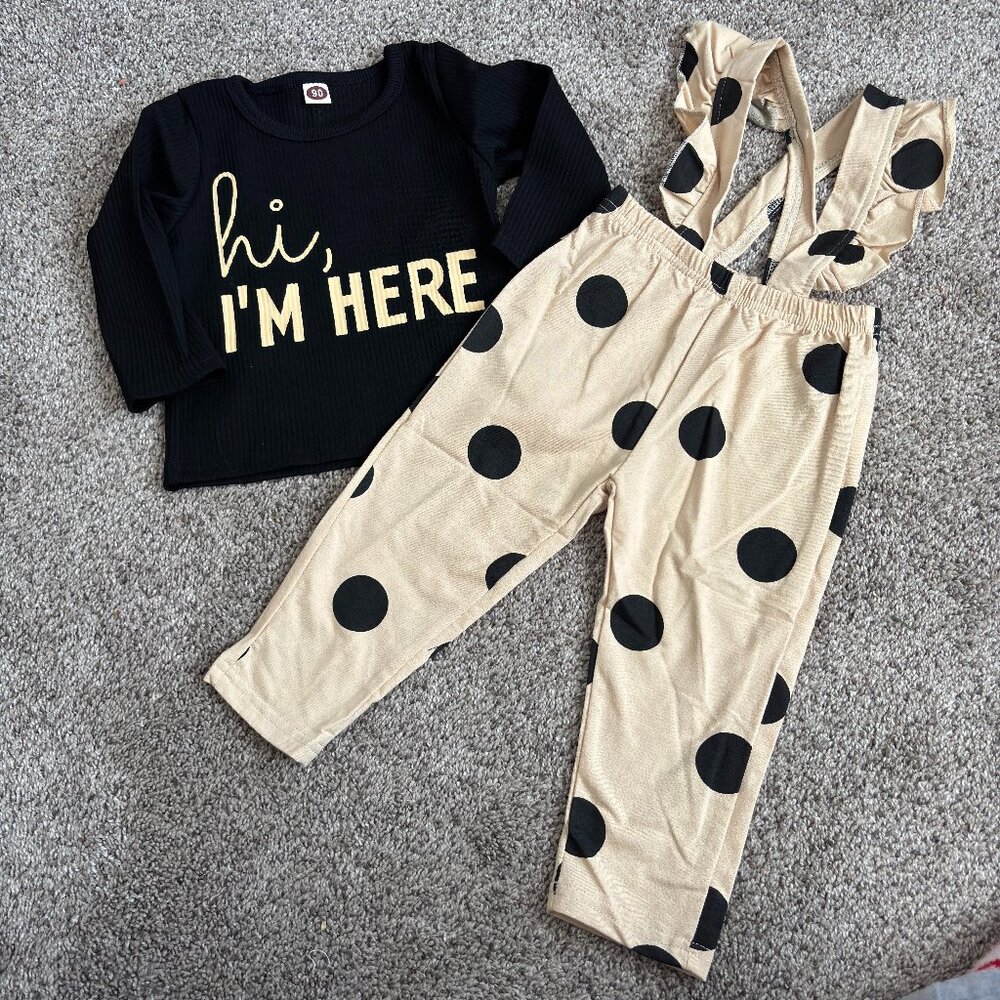 Infant HI I"M HERE Black Top w/Cream Overalls Polka Dot Pant Set 12-18mos.